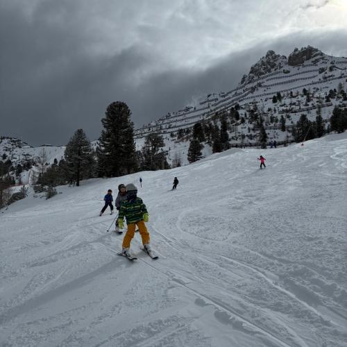 Kinder fahren in der Schlange auf der Piste