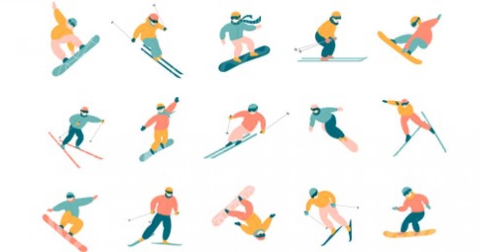 verschiedene bunte, animierte Wintersportler auf Ski und am Snowboard